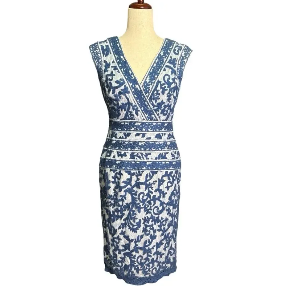 Tadashi Shoji Blue & White V-Neck Lace Overlay Midi Dress Size 4 1259